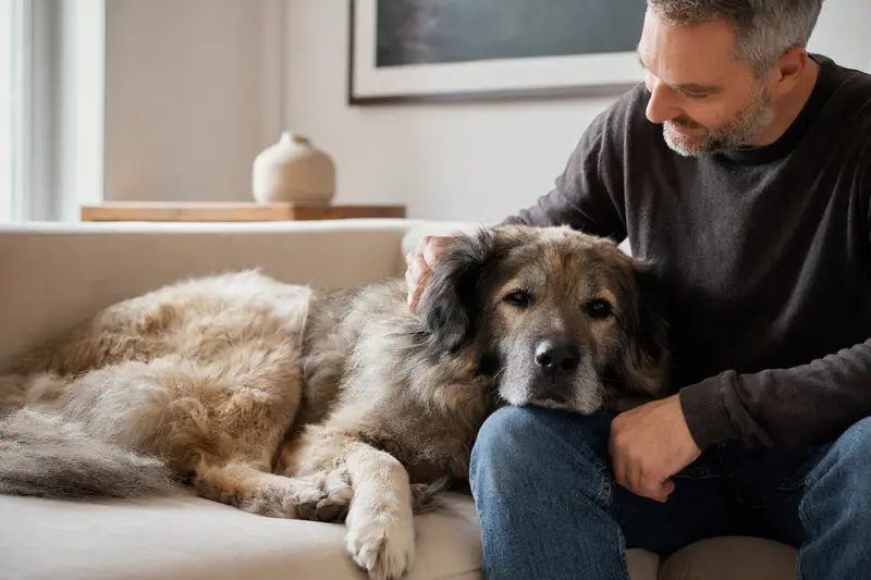 Ein älterer Kaukasischer Owtscharka legt entspannt auf einem Sofa, während sein Besitzer ihn liebevoll streichelt.