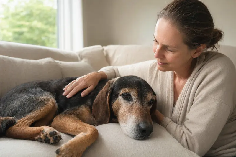 Ein älterer Keltische Bracke Hund liegt entspannt auf einem gemütlichen Sofa, während sein Besitzer ihn liebevoll streichelt.