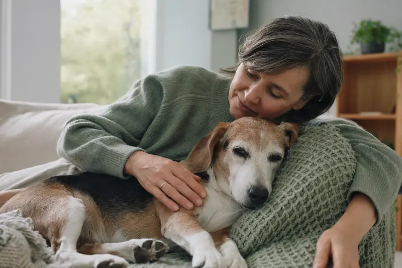 Ein älterer Kerry Beagle Hund entspannt auf einem gemütlichen Sofa, während sein Besitzer ihn liebevoll streichelt.