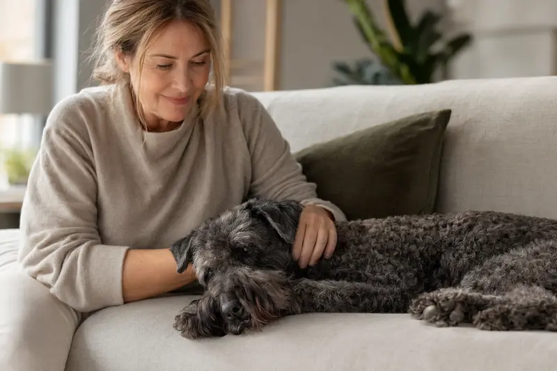 Ein älterer Kerry Blue Terrier liegt entspannt auf einem Sofa, während sein Besitzer ihn liebevoll streichelt.
