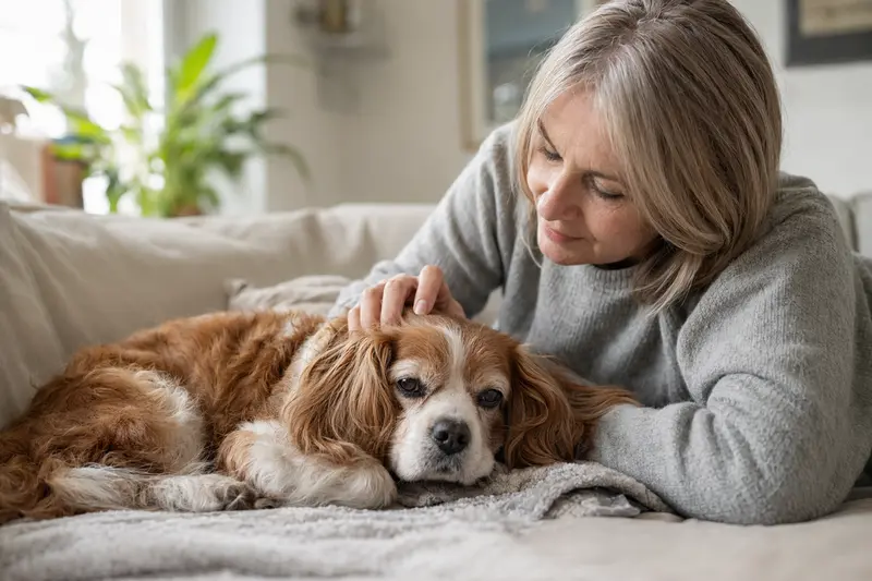 Ein älterer King-Charles-Spaniel entspannt auf einem Sofa, während sein Besitzer ihn liebevoll streichelt.