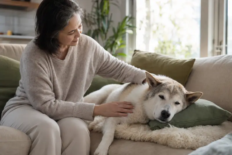 Ein älterer Kishu Hund entspannt auf einem Sofa, während sein Besitzer ihn liebevoll streichelt und eine warme Lichtstimmung erzeugt.