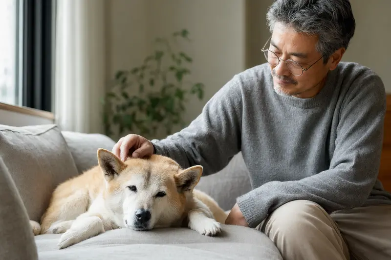 Ein älterer Kishu Inu liegt entspannt auf einem gemütlichen Sofa, während sein Besitzer ihn liebevoll streichelt.