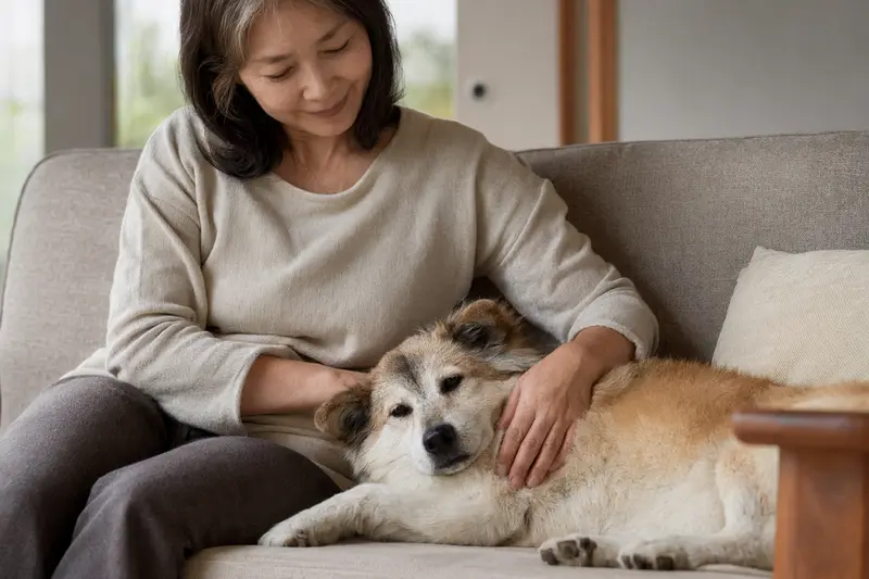 Ein älterer Kishu-Ken Hund liegt entspannt auf einem Sofa, während sein Besitzer ihn liebevoll streichelt.