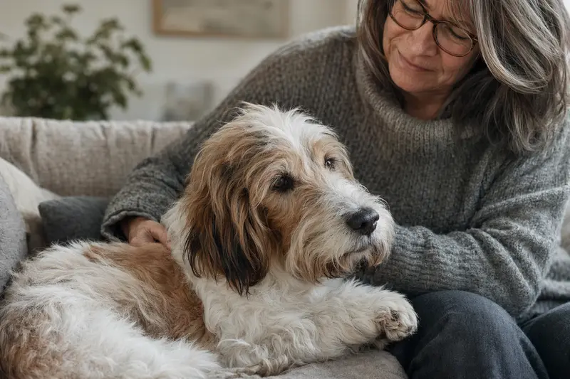 Ein älterer Kleiner Basset Griffon Vendéen liegt entspannt auf einem gemütlichen Sofa, während sein Besitzer ihn liebevoll streichelt.