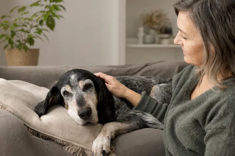 Ein älterer Kleiner Blauer Gascogne Laufhund liegt entspannt auf einem Sofa, während sein Besitzer ihn liebevoll streichelt.