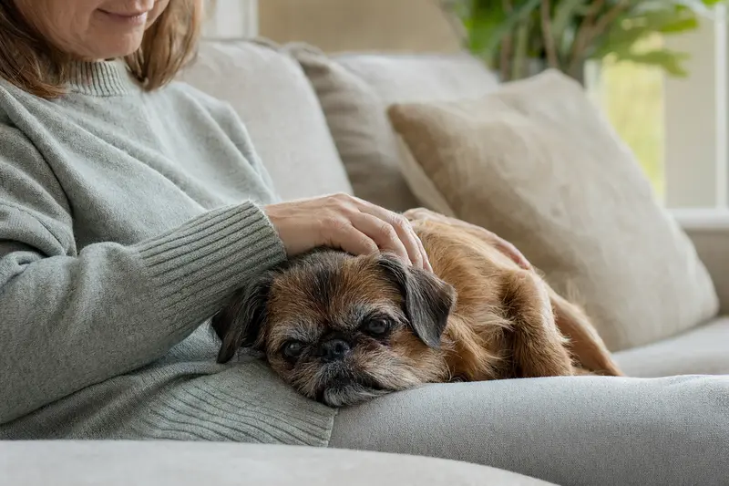 Ein älterer Kleiner Brabanter Hund liegt entspannt auf einem gemütlichen Sofa, während der Besitzer ihn liebevoll streichelt.