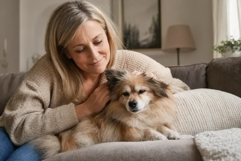 Ein älterer Kleinspitz Hund liegt entspannt auf einem gemütlichen Sofa, während sein Besitzer ihn liebevoll streichelt und ein Gefühl von Fürsorge vermittelt.