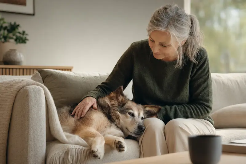 Ein älterer Kochi-ken Hund liegt entspannt auf einem bequemen Sofa, während sein Besitzer ihn liebevoll streichelt.