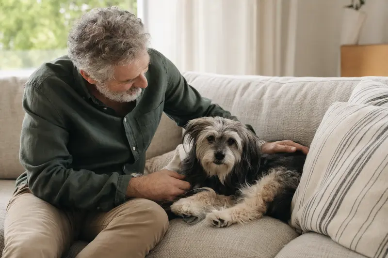 Ein älterer Kokoni Hund entspannt auf einem gemütlichen Sofa, während sein Besitzer ihn liebevoll streichelt und eine warme Lichtstimmung den Raum erhellt.