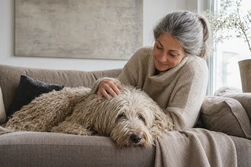 Ein älterer Komondor Hund liegt entspannt auf einem Sofa, während sein Besitzer ihn liebevoll streichelt.
