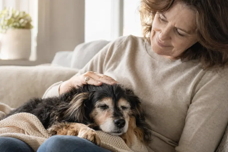 Ein älterer Kontinentaler Zwergspaniel liegt entspannt auf einem gemütlichen Sofa, während sein Besitzer ihn liebevoll streichelt.