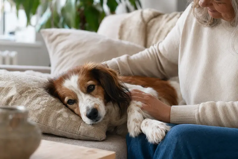Ein entspannter Kooikerhondje Hund liegt auf einem bequemen Sofa, während sein Besitzer ihn liebevoll streichelt.