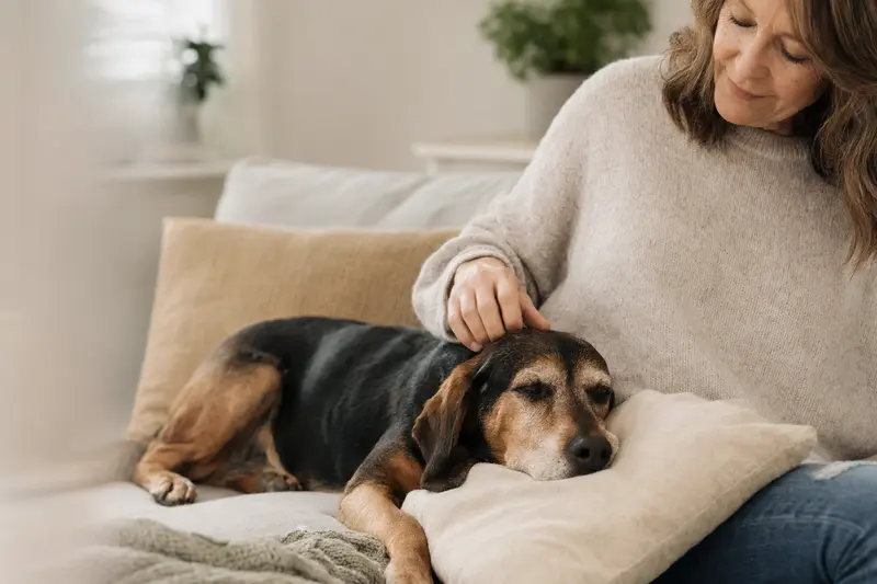 Ein älterer Kopov Bracke Hund liegt entspannt auf einem gemütlichen Sofa, während sein Besitzer ihn liebevoll streichelt.