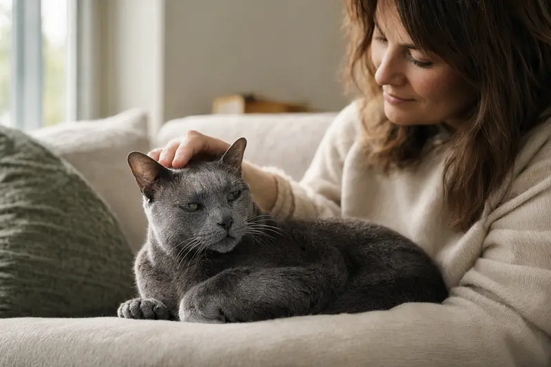 Eine ältere Korat Katze liegt entspannt auf einem Sofa, während ihr Besitzer sie liebevoll streichelt und eine warme Lichtstimmung schafft.