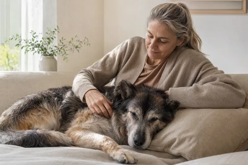 Ein älterer Kraski Ovcar Hund entspannend auf einem gemütlichen Sofa, während sein Besitzer ihn liebevoll streichelt.