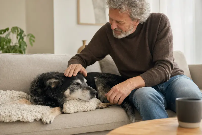 Ein älterer Kroatischer Schäferhund liegt entspannt auf einem Sofa, während sein Besitzer ihn liebevoll streichelt.