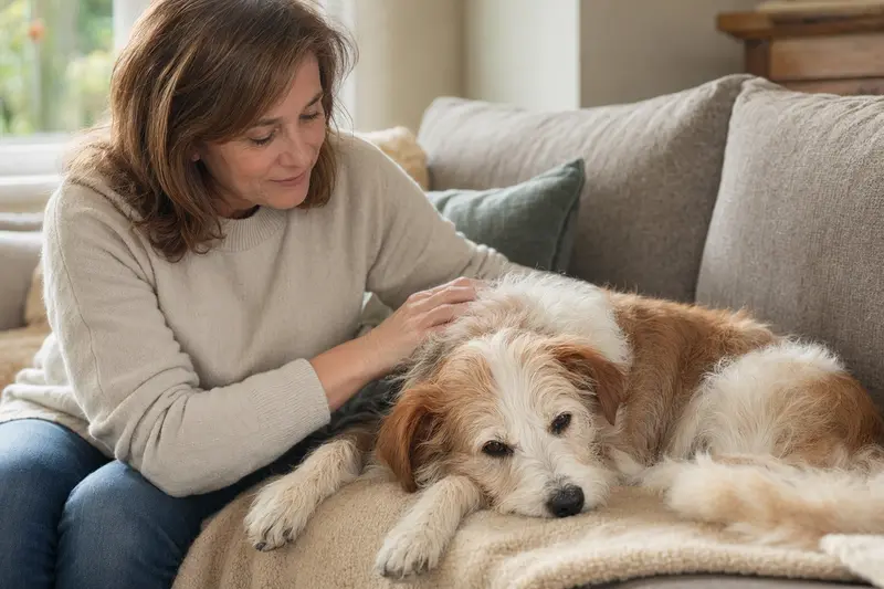 Ein älterer Kromfohrländer Hund genießt entspannte Stunden auf dem Sofa, während sein Besitzer ihn liebevoll streichelt.