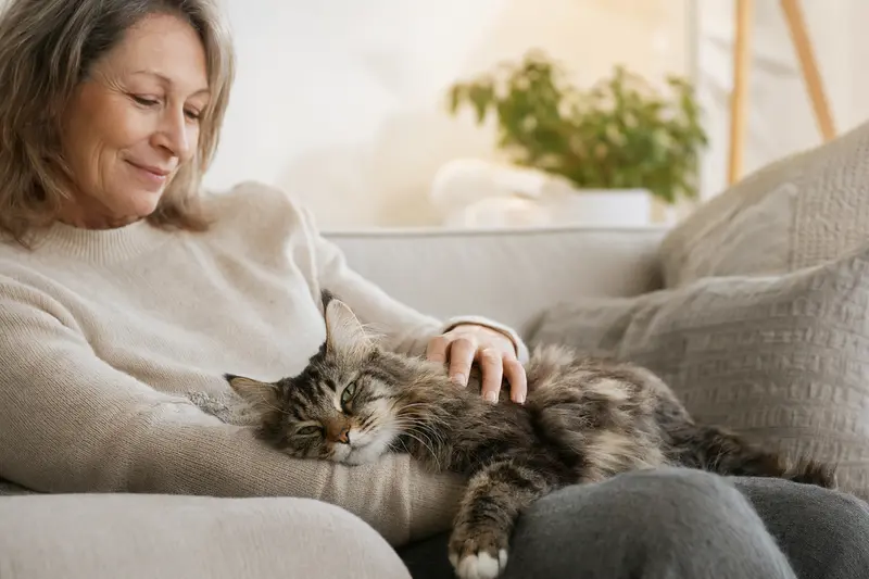 Eine ältere Kurilen-Bobtail Katze entspannt auf einem Sofa, während ihr Besitzer sie liebevoll streichelt und ein warmes Licht die Szene umgibt.