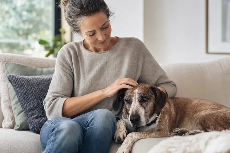 Ein älterer Kurzhaarige Istrianer Bracke Hund liegt entspannt auf einem gemütlichen Sofa, während sein Besitzer ihn liebevoll streichelt.