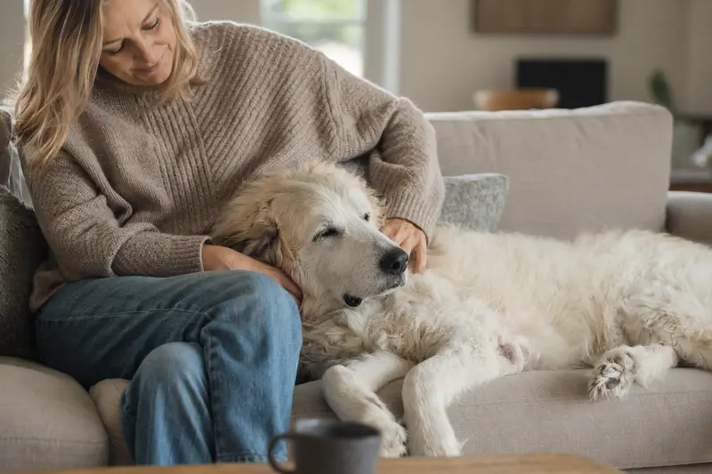 Ein älterer Kuvasz Hund liegt entspannt auf einem gemütlichen Sofa, während sein Besitzer ihn liebevoll streichelt.