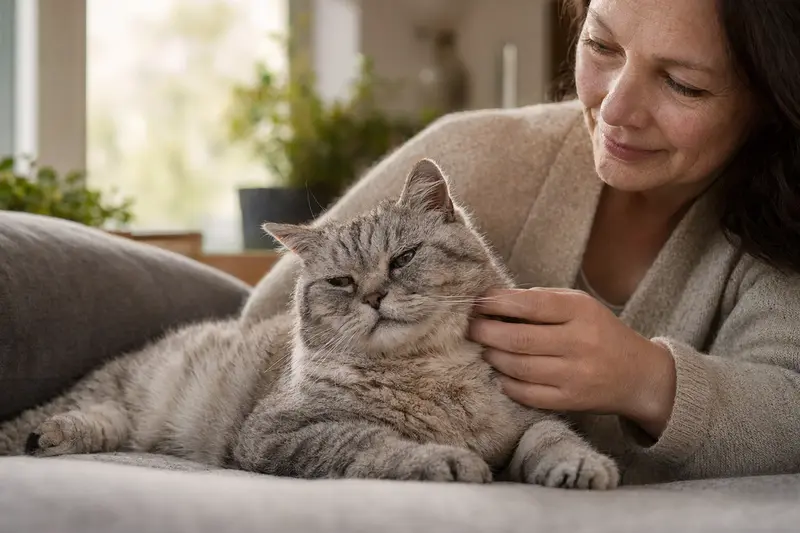 Eine ältere Kymrische Katze entspannt auf einem Sofa mit ihrem liebevollen Besitzer.