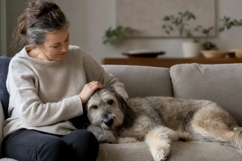 Ein älterer Labradoodle liegt entspannt auf einem Sofa, während sein Besitzer ihn liebevoll streichelt und eine warme Lichtstimmung den Raum ausfüllt.