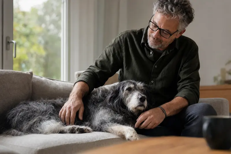 Älterer Lacy Dog liegt entspannt auf einem Sofa, während sein Besitzer ihn liebevoll streichelt und eine ruhige, sichere Wohnatmosphäre entsteht.