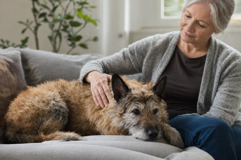 Ein älterer Laekenois Hund liegt entspannt auf einem gemütlichen Sofa, während sein Besitzer ihn liebevoll streichelt.