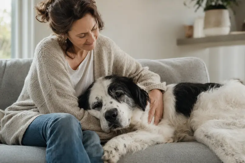 Ein älterer Landseer Hund liegt entspannt auf einem gemütlichen Sofa, während sein Besitzer ihn liebevoll streichelt.