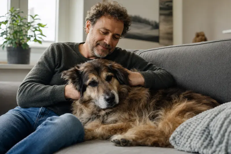 Ein älterer Langhaar Schäferhund liegt entspannt auf einem Sofa, während sein Besitzer ihn liebevoll streichelt.