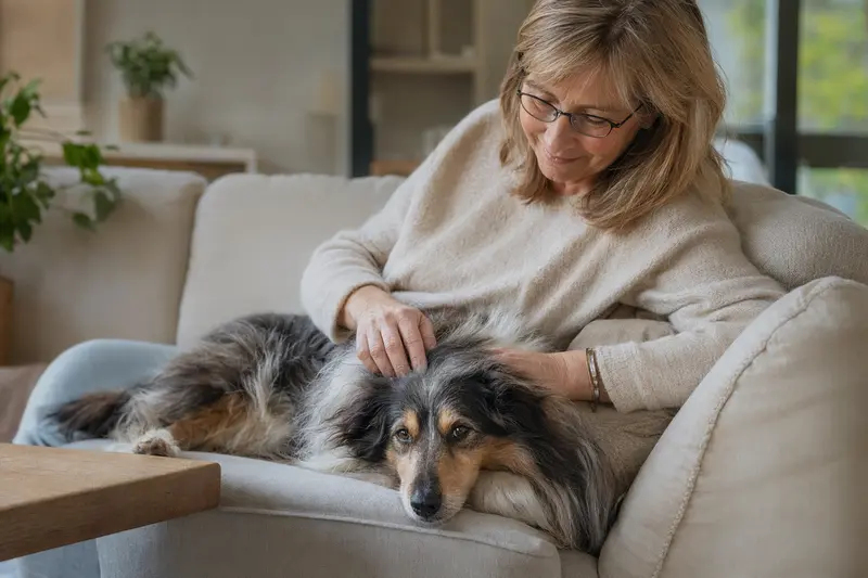 Ein älterer Langhaarcollie entspannt auf einem Sofa, während sein Besitzer ihn streichelt, vermittelt ein Gefühl von Fürsorge und Sicherheit.