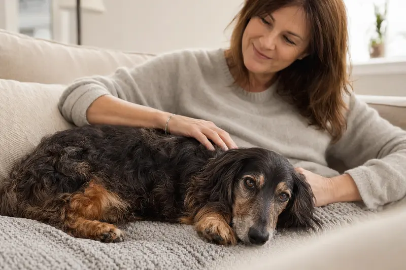 Ein älterer Langhaardackel liegt entspannt auf einem Sofa, während sein Besitzer ihn liebevoll streichelt.
