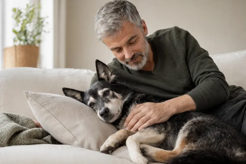 Ein älterer Lapinporokoira Hund liegt entspannt auf einem gemütlichen Sofa, während sein Besitzer ihn liebevoll streichelt.