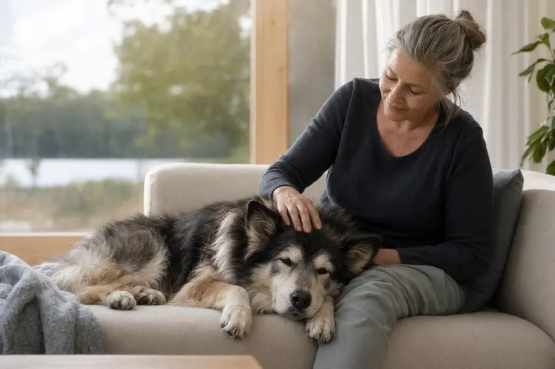 Ein älterer Lappländer Rentierhund liegt entspannt auf einem Sofa, während sein Besitzer ihn liebevoll streichelt.