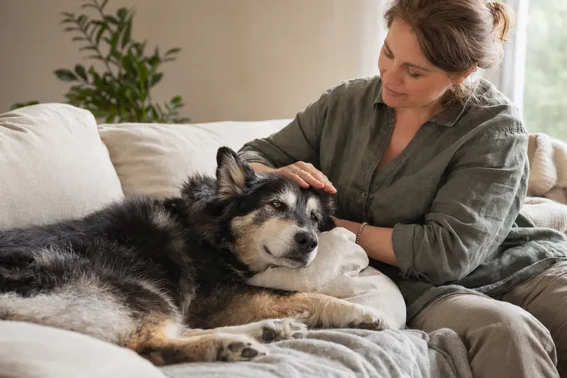 Älterer Lappländischer Rentierhund entspannt auf einem Sofa, während sein Besitzer ihn liebevoll streichelt.