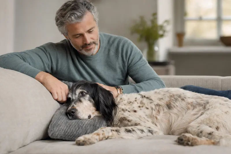 Ein älterer Laverack-Setter liegt entspannt auf einem Sofa, während sein Besitzer ihn liebevoll streichelt.