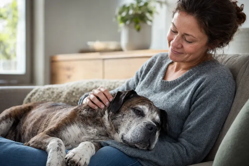 Ein entspannter Leavitt Bulldog liegt auf einem gemütlichen Sofa, während sein Besitzer ihn liebevoll streichelt.