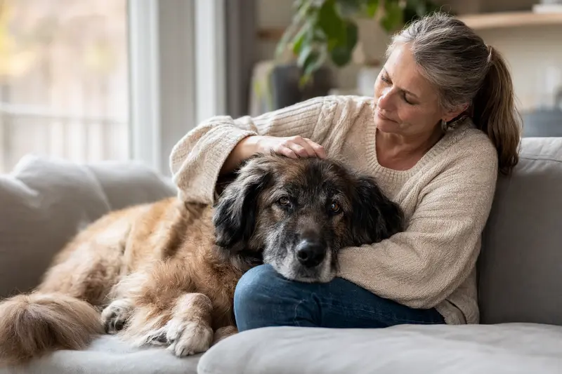 Ein älterer Leonberger Hund liegt entspannt auf einem Sofa, während sein Besitzer ihn liebevoll streichelt und eine warme Lichtstimmung erzeugt.