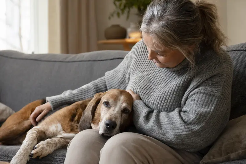 Ein älterer Lettische Bracke Hund liegt entspannt auf einem Sofa, sein Besitzer streichelt ihn liebevoll in einer warmen und ruhigen Atmosphäre.