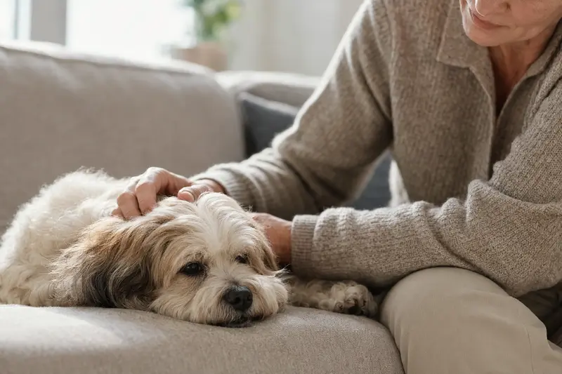 Ein älterer Lhasa Apso Hund genießt entspannte Zuwendung auf einem gemütlichen Sofa.