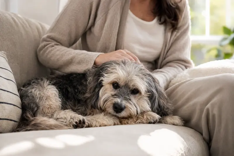 Ein älterer Löwchen Hund liegt entspannt auf einem gemütlichen Sofa, während sein Besitzer ihn liebevoll streichelt.