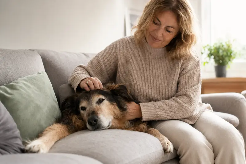 Ein älterer Löwenhund liegt entspannt auf einem Sofa, während sein Besitzer ihn liebevoll streichelt und eine warme Lichtstimmung im Raum herrscht.