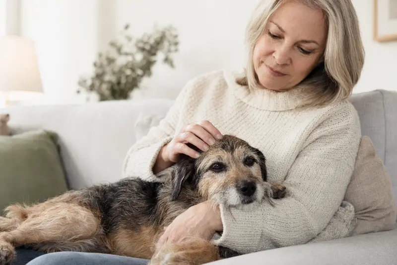 Älterer Lucas Terrier liegt entspannt auf einem gemütlichen Sofa, während sein Besitzer ihn liebevoll streichelt.