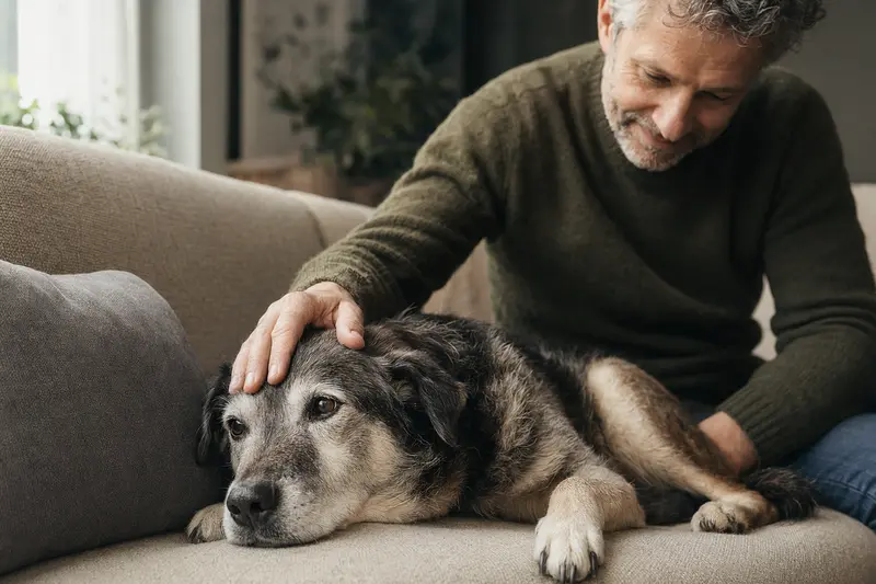 Ein älterer Lupo Italiano Hund entspannt auf einem gemütlichen Sofa, während sein Besitzer ihn liebevoll streichelt.