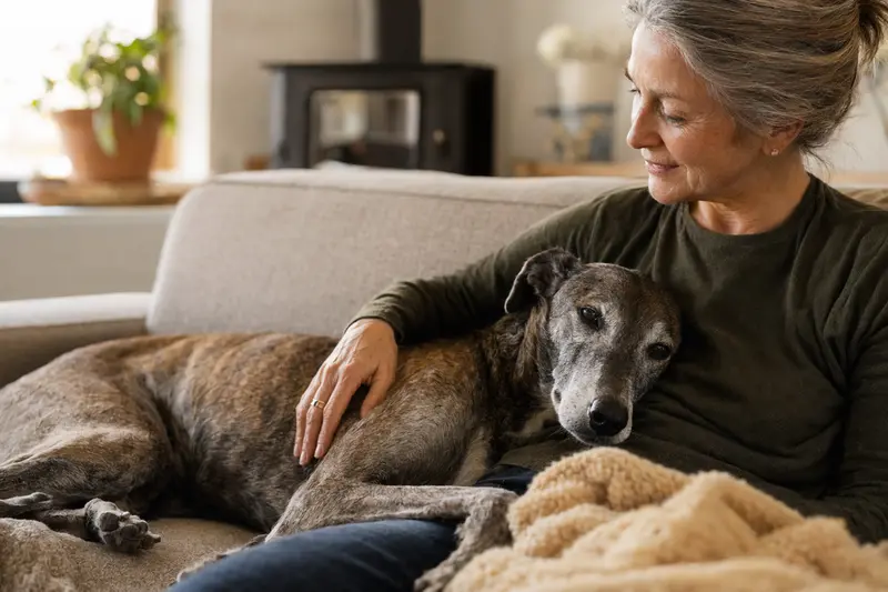Ein älterer Lurcher Hund liegt entspannt auf einem gemütlichen Sofa, während sein Besitzer ihn liebevoll streichelt.