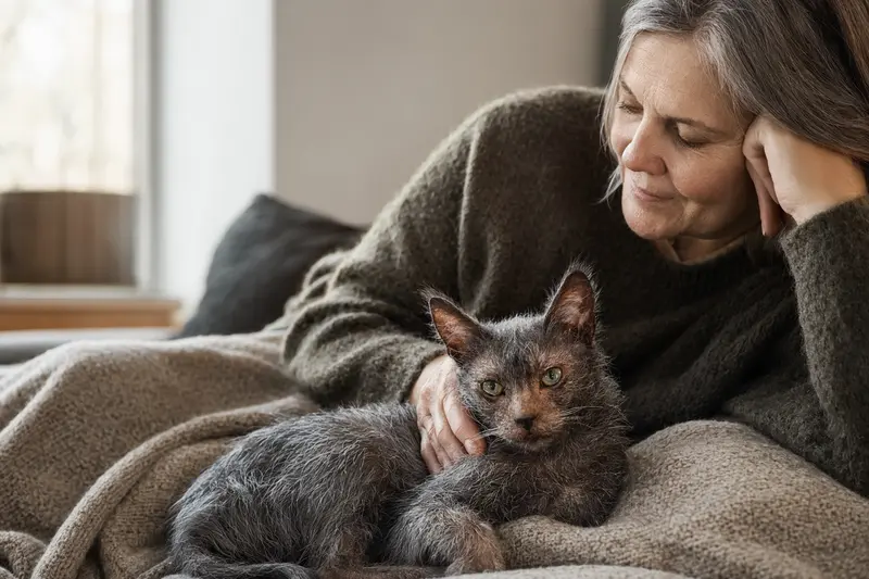 Eine ältere Lykoi Katze entspannt auf einem gemütlichen Sofa, während ihr Besitzer ihn liebevoll streichelt.