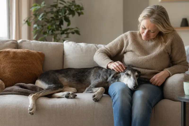Ein älterer Magyar Agar liegt entspannt auf einem Sofa, während sein Besitzer ihn liebevoll streichelt und ein warmes Zuhause ausstrahlt.
