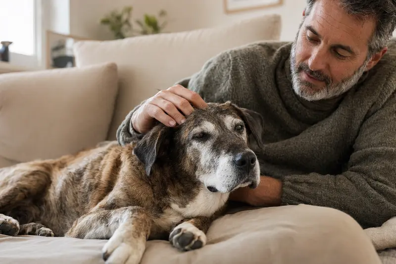 Ein älterer Majorero Canario Hund liegt auf einem gemütlichen Sofa, während sein Besitzer ihn liebevoll streichelt.