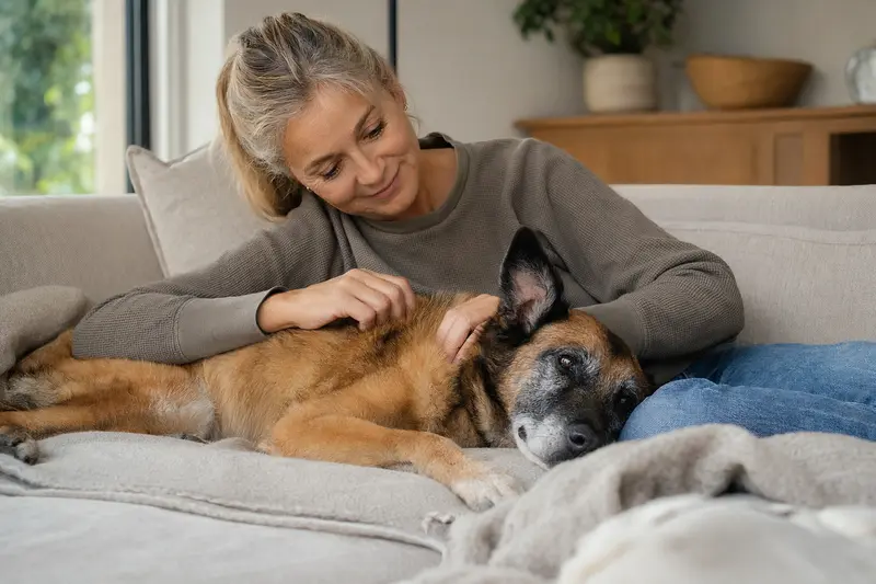 Ein älterer Malinois liegt entspannt auf einem Sofa, während sein Besitzer ihn liebevoll streichelt.